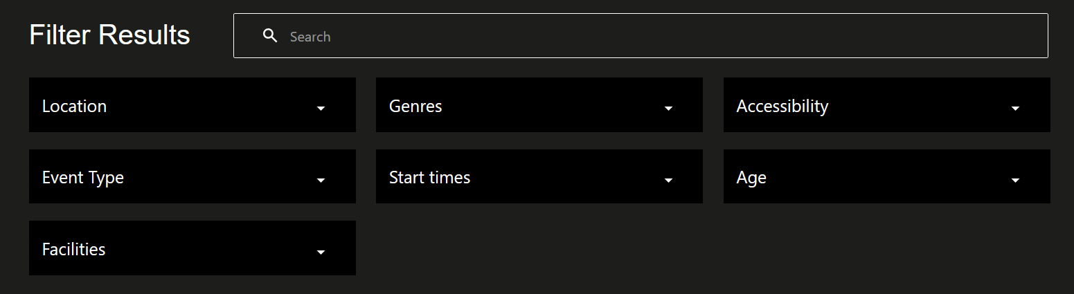 Culture Night's website's events filter listing the option to filter by location, genre, accessibility, event type, start times, age and facilities. There is also a search box.